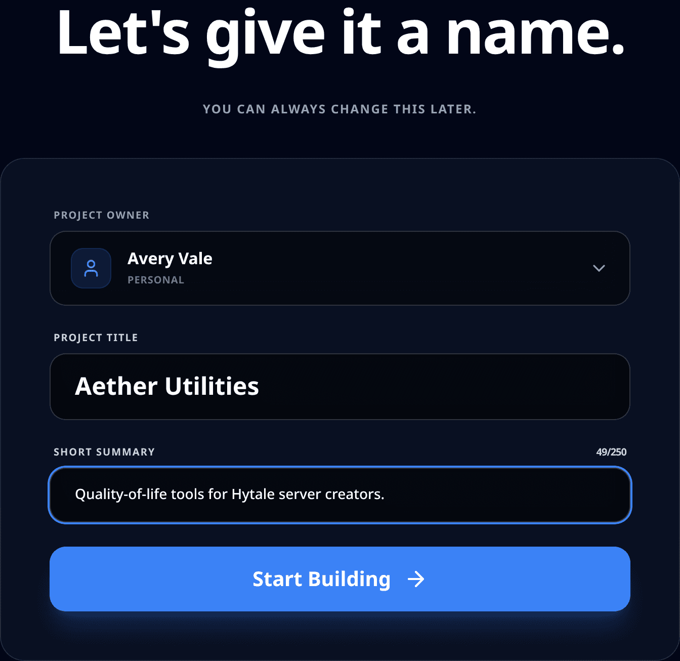 Project owner, title, and summary